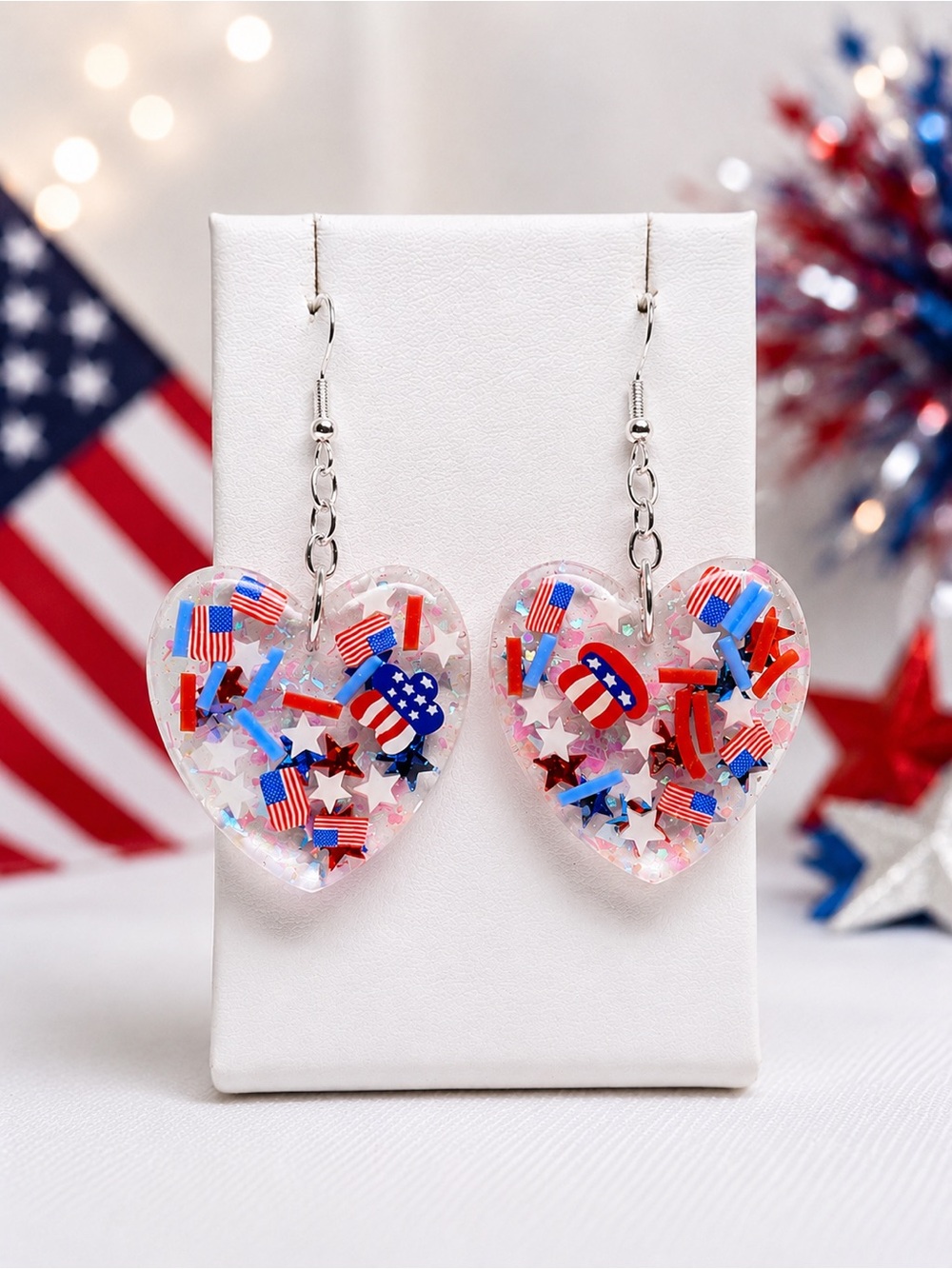 Patriotic Heart Dangle Earrings - Red, White & Blue Confetti Hearts